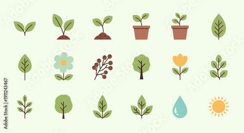 Collection of Various Plants and Botanical Elements.