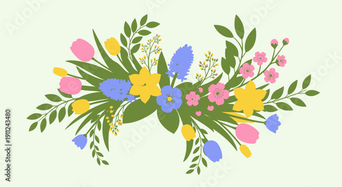 Colorful Floral Arrangement with Leaves and Blooms.