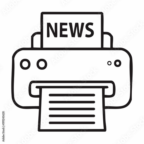 A black and white line art illustration of a printer with a sheet of paper labeled "NEWS" being fed in and another sheet with text lines coming out.