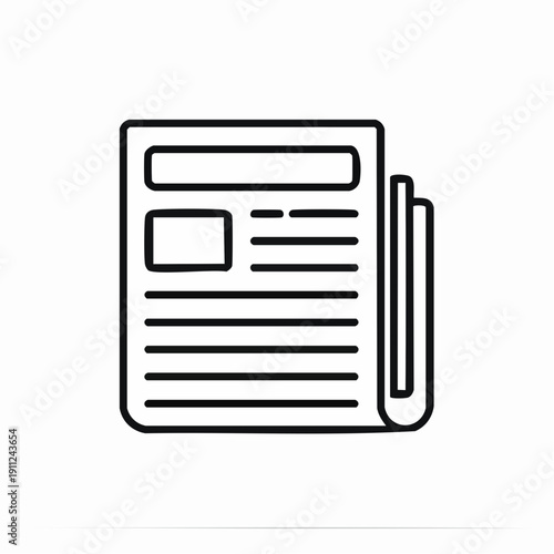 Simple black outline icon of a newspaper or document with headline, image, and text sections.