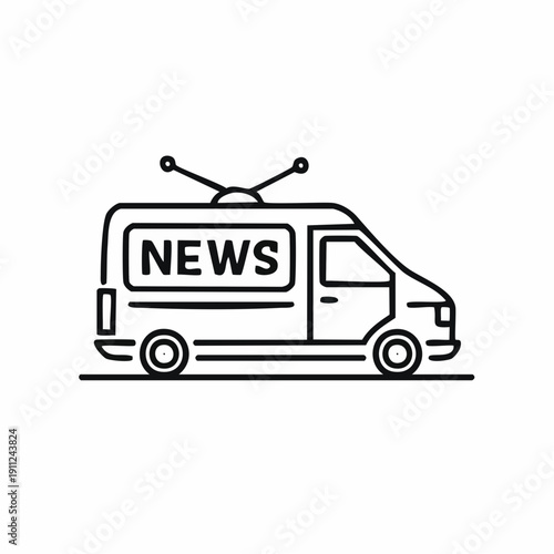 A black and white line art illustration of a news broadcast van with an antenna on the roof and "NEWS" written on its side.
