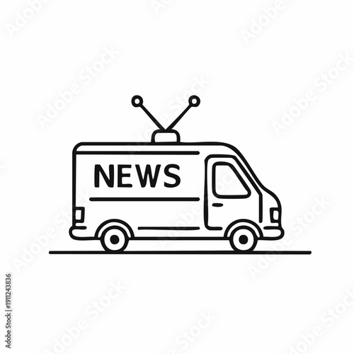 Simple line art drawing of a news van with an antenna on top and the word NEWS on its side, representing media and broadcasting.