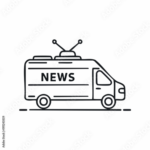 Line art illustration of a news van with an antenna on the roof and 'NEWS' written on its side, depicting mobile broadcasting.
