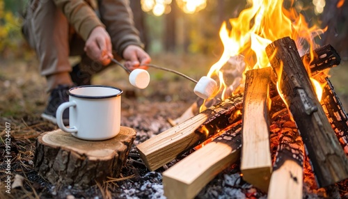 Camping outdoors with warm fire pit.