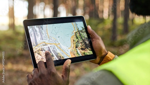 Man Using Tablet in Forest for Navigation