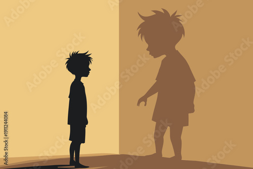 Child afraid of own scary shadow in the dark, childhood fear trauma silhouette illustration