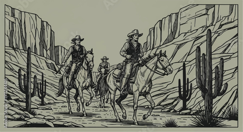 Three Cowboys Riding Through a Desert Landscape on Horseback, Evoking Adventure and Exploration Themes in a Dramatic Illustration