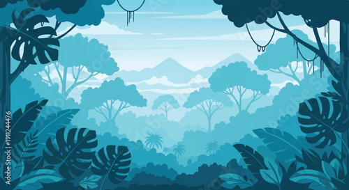 Serene Blue Jungle Scene Featuring Trees, Mountains, and a Calm Atmosphere in Detailed Illustration