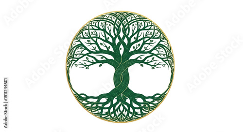 Stylized Tree with Roots and Branches in Circular Frame (Green Yellow Illustration)