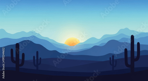 Digital Illustration of Desert Landscape at Sunset with Cacti and Mountains Conveying Serenity