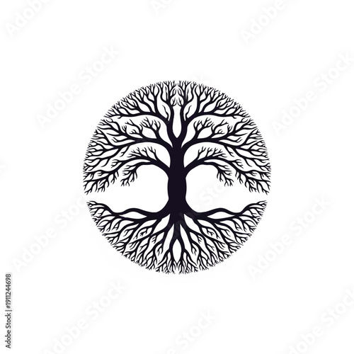 Symmetrical Tree Graphic with Interconnected Branches and Roots in Circular Design