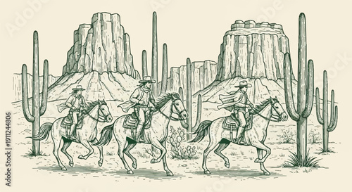 Two Cowpunchers Galloping on Horses Through Arid Landscape in Western Illustration Art