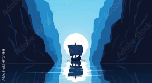 A single-masted boat sails through a narrow passageway between towering rock formations in a tranquil, mystical waterway with glowing light and deep blue hues.