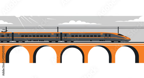 Sleek Gray-Orange Train Gliding Across Orange Arched Bridge Over Water With Cloudy Sky and Power Lines
