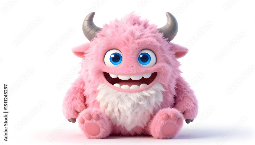 Obraz premium Cute fluffy pink monster with big blue eyes and a wide smile, sitting on a white background