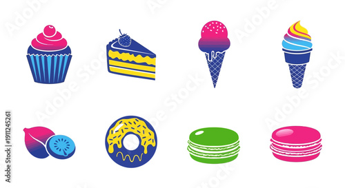Colorful Dessert and Fruit Illustration Set on White Background for Sweet Themes and Designs