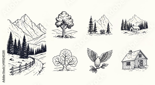 Serene Black-and-White Illustrations of Mountains, Trees, Houses, and Nature Scenes