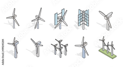 Illustrated collection of various wind turbine designs showcasing sustainable energy solutions