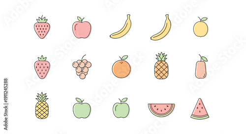 Illustrated collection of various fruits, suitable for healthy eating, colorful and artistic