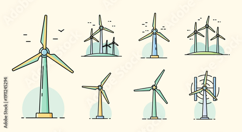 Illustrated Collection of Wind Turbines Depicting Renewable Energy Sources and Sustainable Power