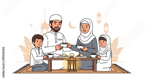 Illustration of a Muslim family sharing a meal together on a traditional rug with a warm and cozy atmosphere.
