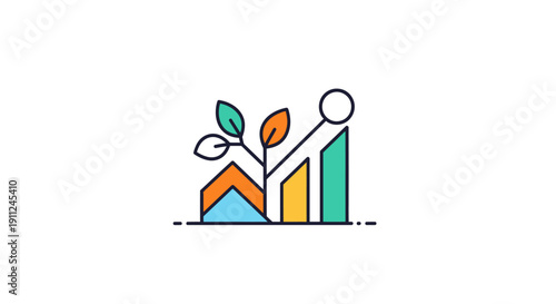 Illustration depicting sustainable growth with chart, leaves, and a house element, no comma