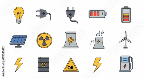 Illustration depicting various energy sources and electrical power icons and symbols