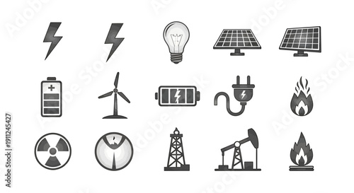 Illustration depicting various energy sources and their respective symbols, icons, and