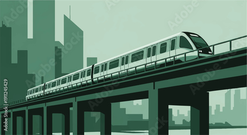 Stylized Monorail Train Gliding Over City Bridge Illustration of Modern Urban Transportation