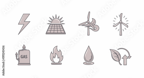 Illustration depicting various energy sources: solar, wind, fossil fuels, and sustainable options