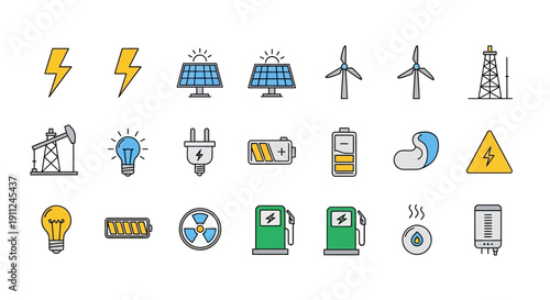 Illustration depicting various energy sources: solar, wind, oil, electricity, and sustainable