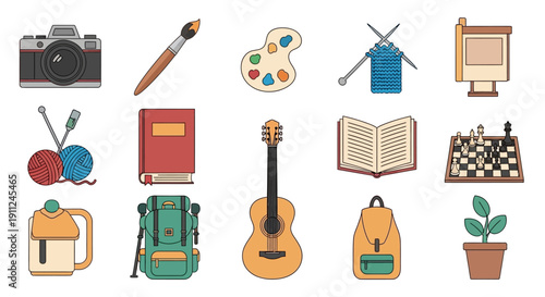 Illustration depicting various hobbies, artistic tools, and leisure activities in a colorful style