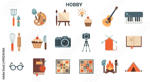 Illustration depicting various hobbies and pastimes with colorful flat design elements