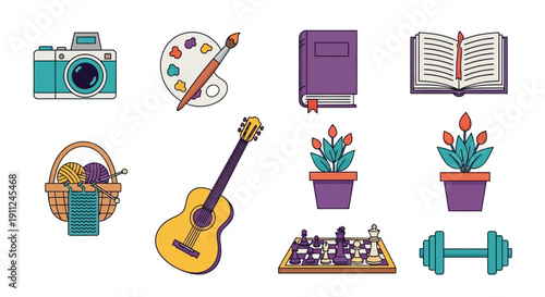 Illustration depicting various hobbies, activities, and objects for leisure and creative pursuits