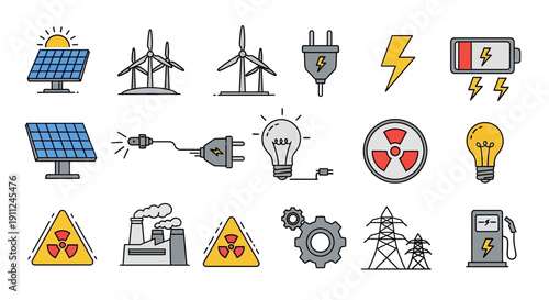 Illustration depicting various sources of power, from renewable to potentially dangerous
