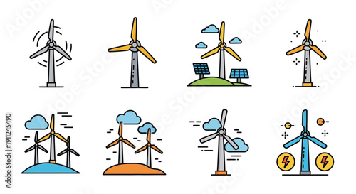 Illustration depicting various wind turbine designs for renewable energy and sustainable development