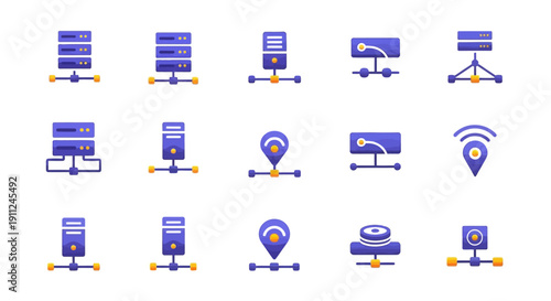 Illustration depicting various technology and data-related icons with blue and orange elements