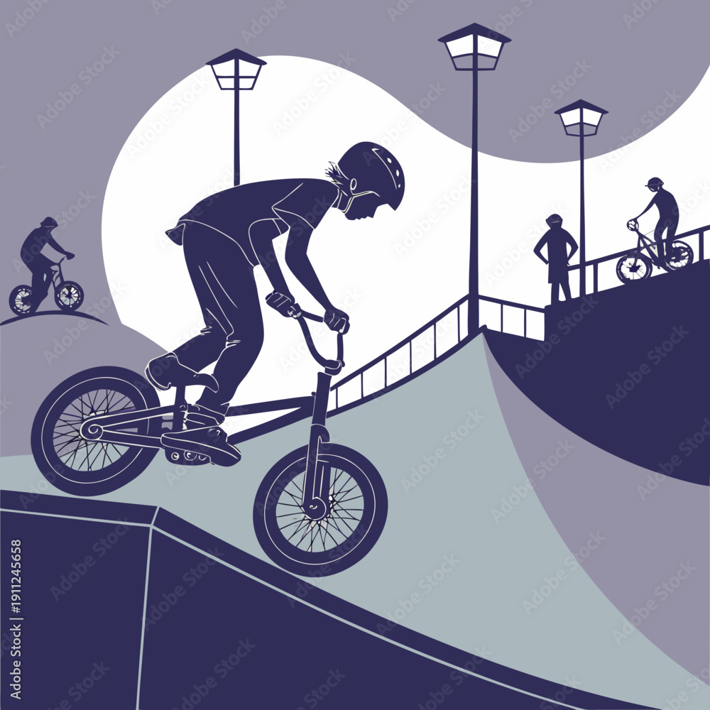 Fototapeta premium a group of teenagers on bicycles at a skate park