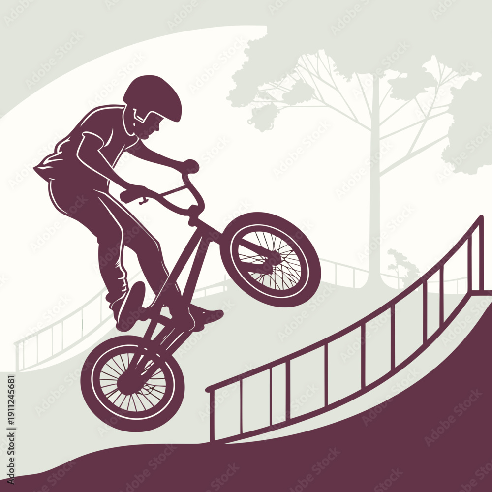Naklejka premium Vector silhouette of a BMX rider on a ramp in a city skatepark — the dynamics of extreme freedom