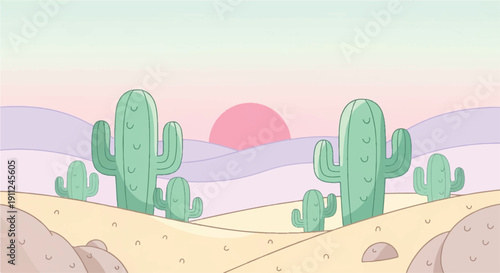 Cartoon-Style Desert Sunset with Cacti, Hills, and Mountains in Digital Illustration