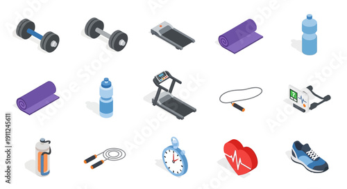 Isometric fitness equipment illustration featuring dumbbells, treadmill, and workout essentials