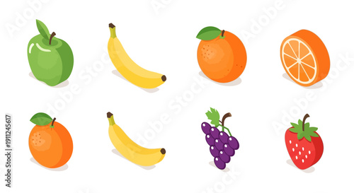 Isometric fruit illustrations featuring apple, banana, orange, grapes, and strawberry in digital