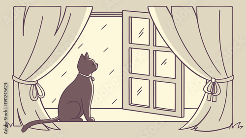 Silent Contemplation: Black Cat Watching Rain from a Window in Cozy Home Interior