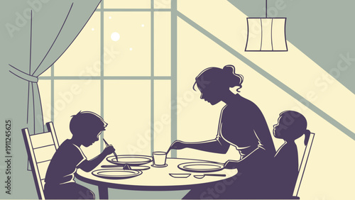 Cozy Family Dinner at Home – Mother and Children Silhouette Illustration by Window Light