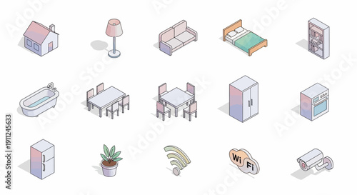Isometric Home Interior Icons Depicting Furniture and Smart Home Elements on White Background
