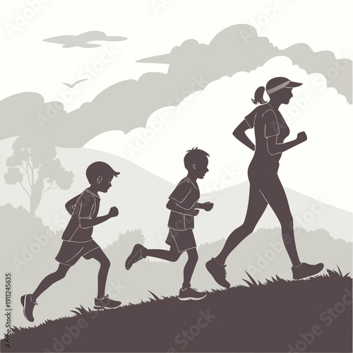 Illustration of a mother and children jogging. Concept of healthy lifestyle, unity, and sports.