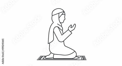Line drawing of a woman in prayer on a mat with hands raised in a simple white background.