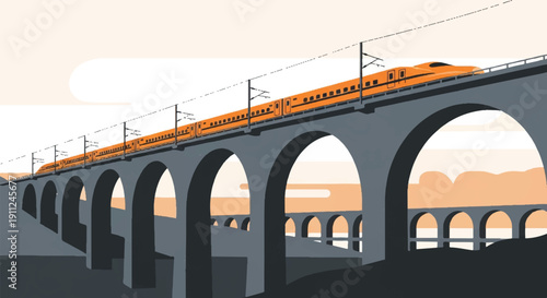 Stylized Illustration of a Vibrant Orange Train Crossing a Minimalist Bridge Over a Tranquil Beige Landscape