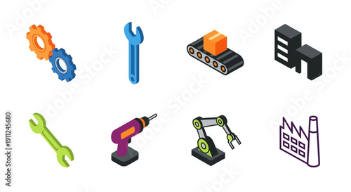 Isometric Iconography of Industrial Elements Depicting Manufacturing and Engineering Processes
