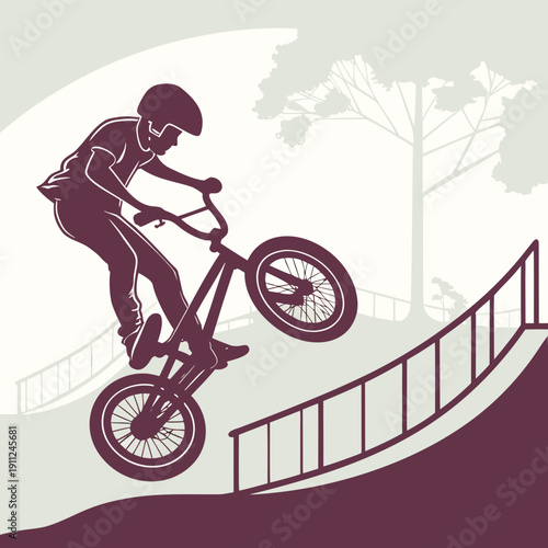 Vector silhouette of a BMX rider on a ramp in a city skatepark — the dynamics of extreme freedom
